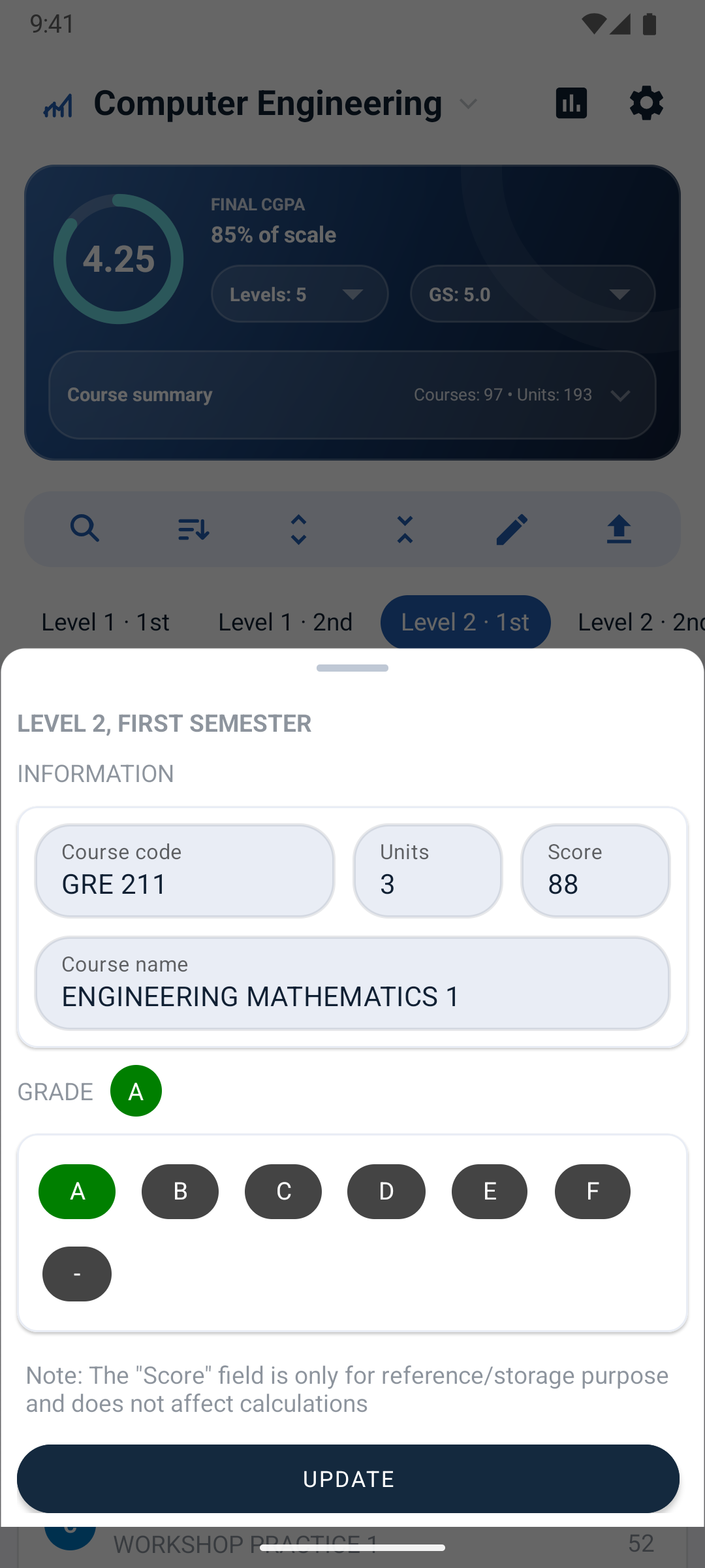 CeeMate screen: Update grades in seconds