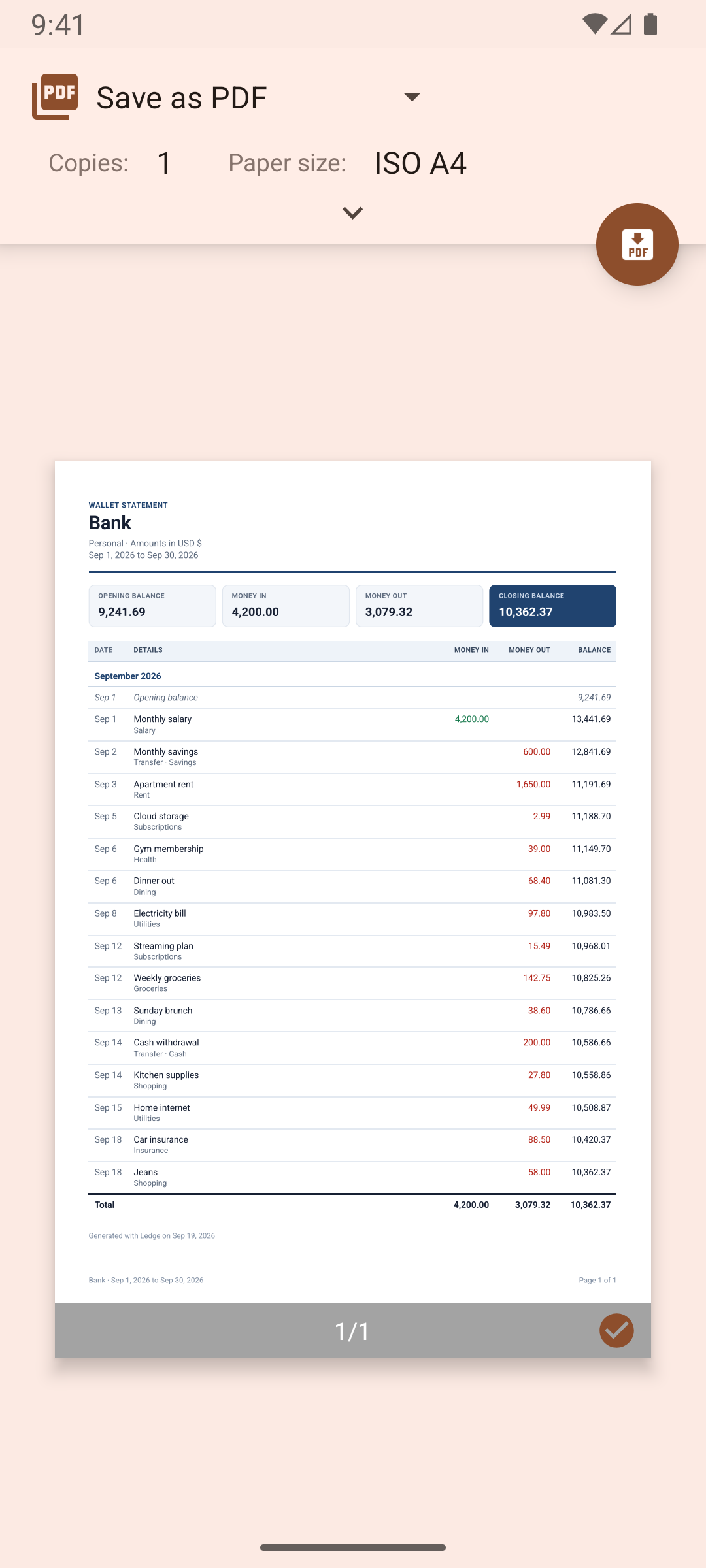 Ledge screen: Share a clean PDF statement