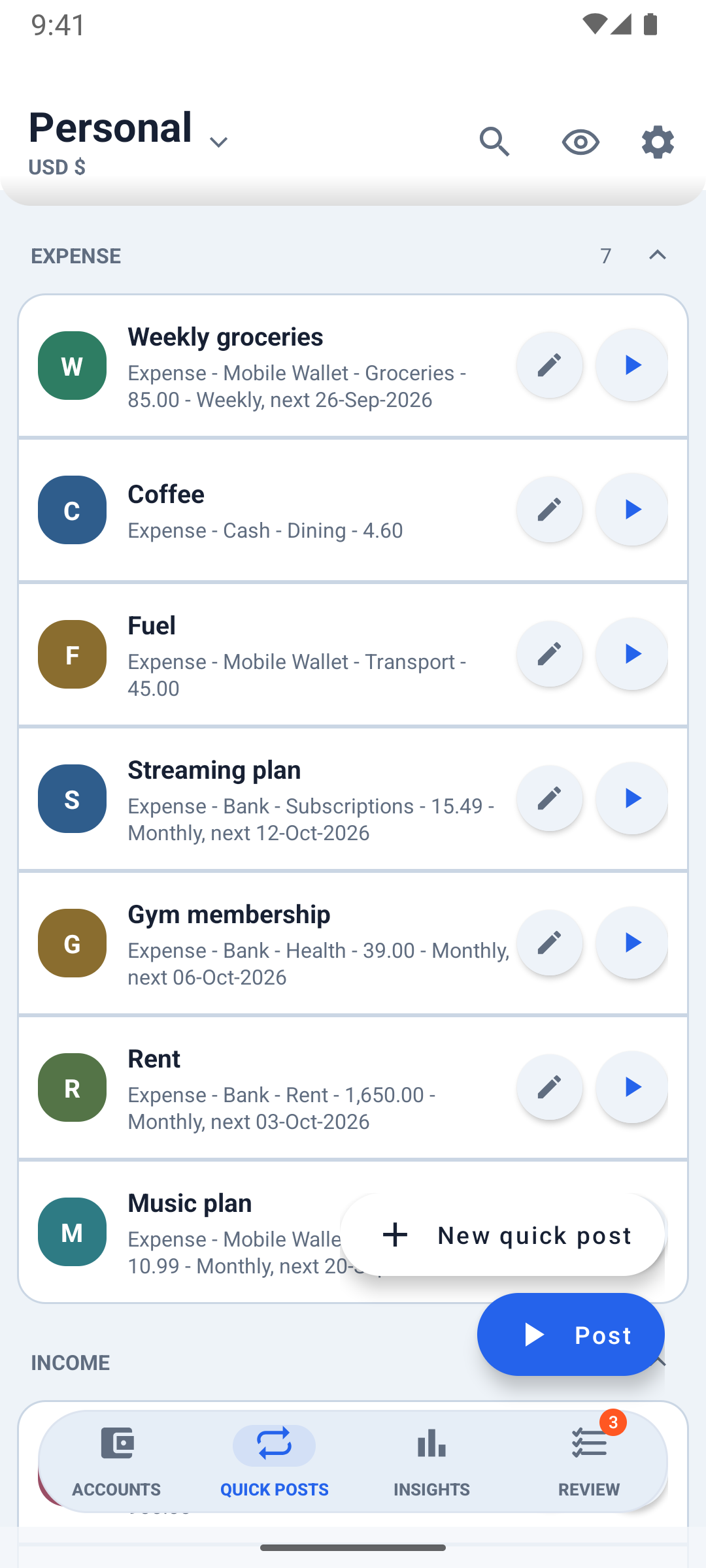 Ledge screen: Repeat bills in one tap